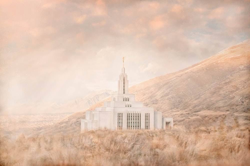 LDS art painting of the Draper Utah Temple in a field.
