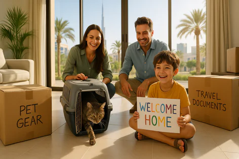 Happy family with cat moving into a new home. Son holds Welcome Home sign near boxes (Pet Gear, Travel Documents). City view outside.
