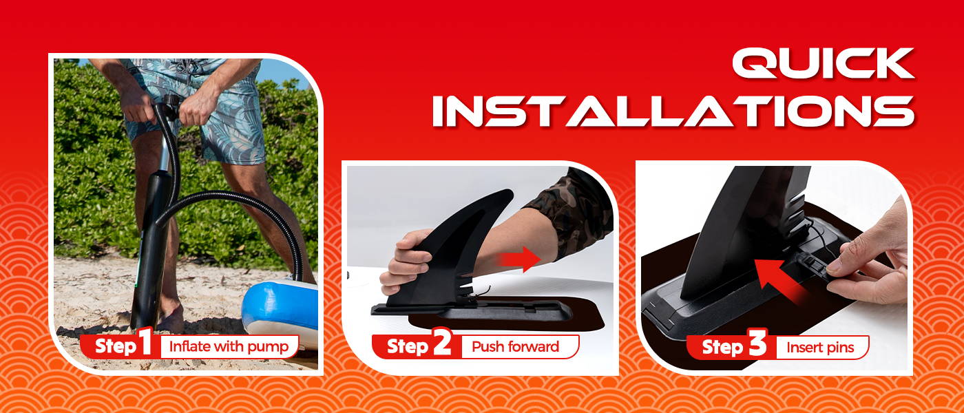 Feath-R-Lite SUP board provide quick installations: inflate your paddle board with pump, push fins forward, insert pins