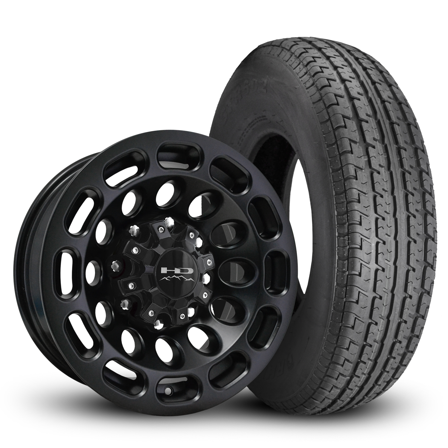 HD Off-Road Road Warrior Custom Trailer Wheel & Tire packages in 16x6.0 in 8 lug All Satin Black for Unility, Boat, Car, Construction, Horse, & RV