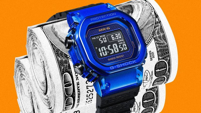 Casio MRG-D5000 watch and rolls of cash