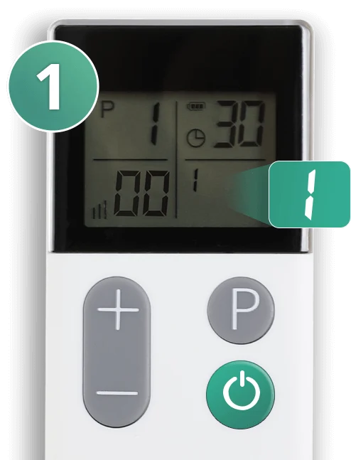 Wellue TENS リモコンのクローズアップ。電源ボタンと治療モードボタンが表示され、ディスプレイには 30 分間のセッションが表示されている。
