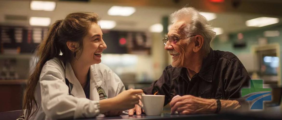 Late-night deep connection over coffee between a travel nurse and her patient.
