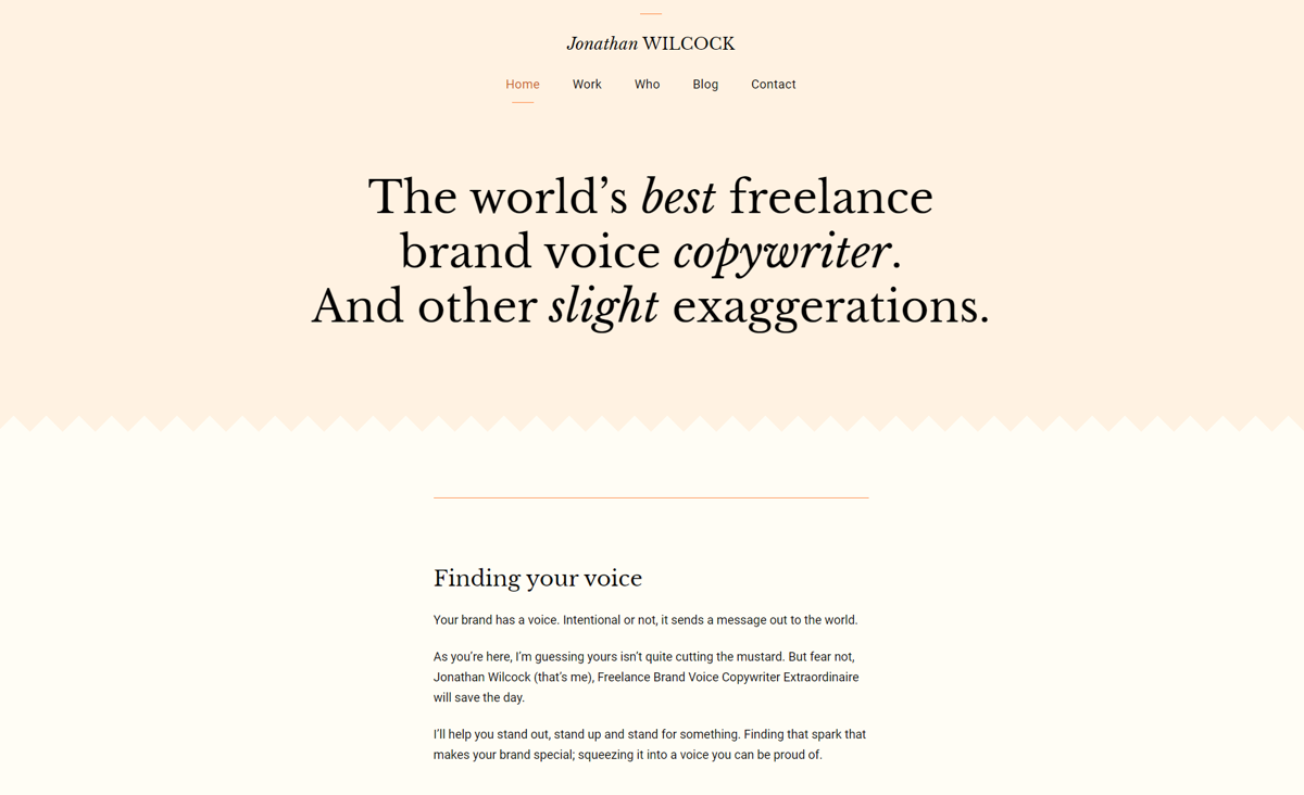 Screenshot of Jonathan Wilcock, from the copywriting portfolios collection.