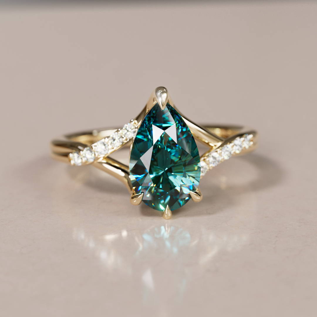 pear Cut Teal Sapphire and Diamond fantasy Engagement Ring 