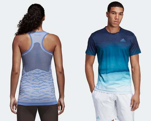 Back of woman wearing light lavender patterned Adidas parley primeknit sustainable running vest and Man wearing running t-shirt with blue gradient pattern and white shorts from sustainable activewear brand Adidas Parley