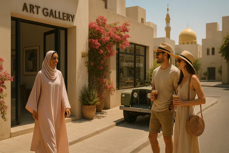Woman in pink hijab walking past an art gallery, while a couple with hats and drinks stands nearby in a sunny street scene with a classic car and mosque.