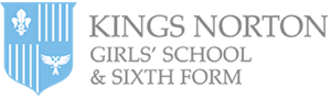 Logo for Kings Norton Girls School & Sixth Form. The blue and white crest features a fleur-de-lis, a bird with outspread wings, and vertical stripes. The schools name is written in grey capital letters to the right.