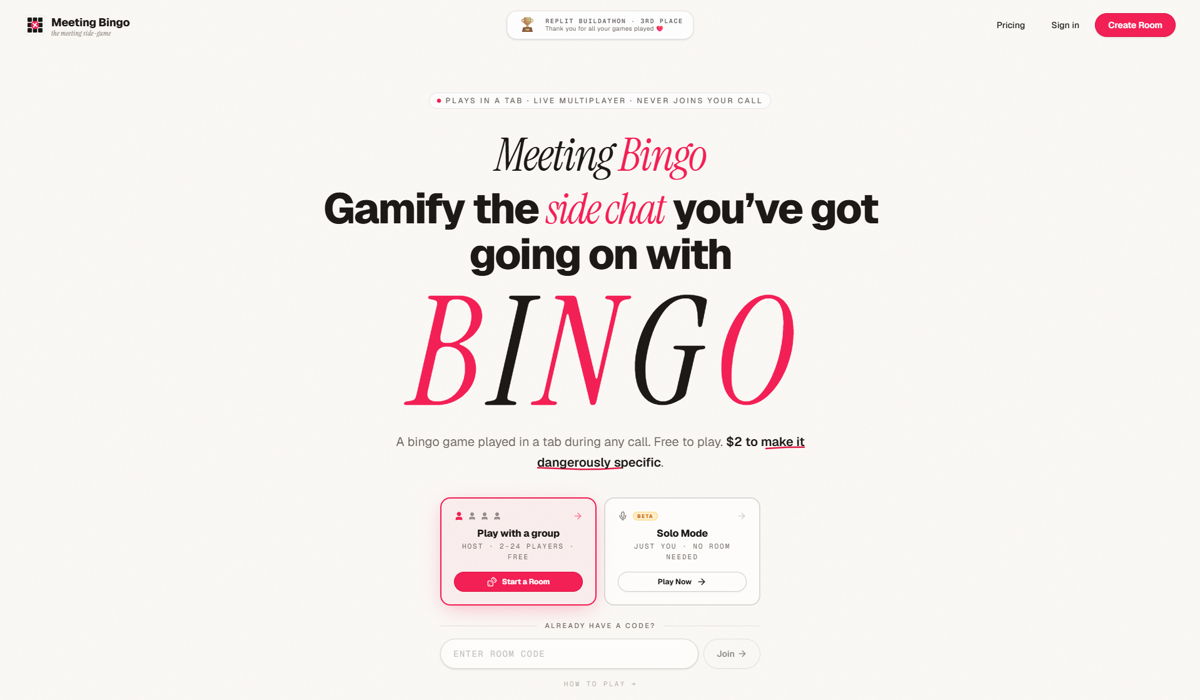 Screenshot of Meeting Bingo, from the replit websites collection.