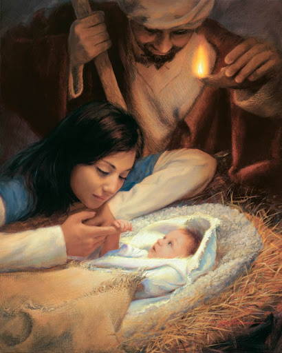 Painting of Joseph and Mary looking down at baby Jesus in the manger. Joseph holds a clay lamp to light the scene.