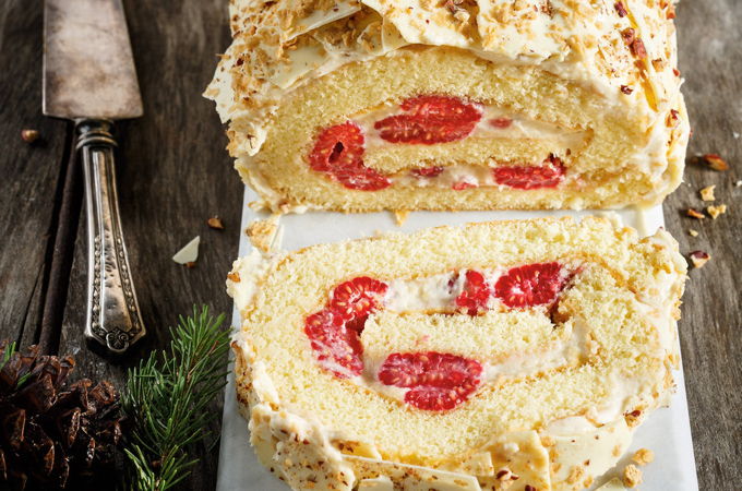 Bûche érable, framboises et chocolat blanc