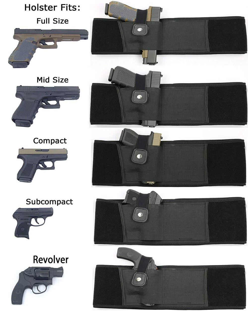 belly band holster fit all type of pistol such as full size pistol, mid size, compact, sub compact, revolver pistols.