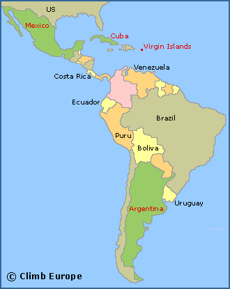 Map of the best rock climbing and bouldering areas in Central and South America, including the Caribbean