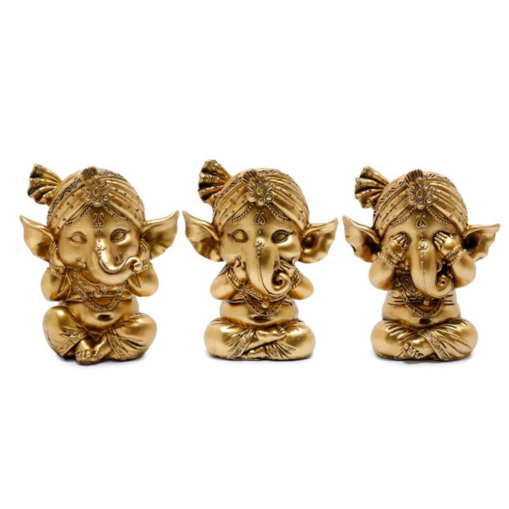 Gold Ganesh Hear No Speak No See No Evil Figurine Set of 3 (10cm)