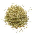 A small pile of dried rosemary leaves on a white background.