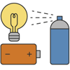 An illustrated icon showing a battery, a lightbulb, and a spray can.