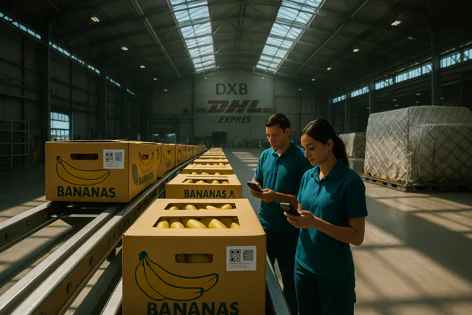 Two warehouse workers in teal shirts use smartphones next to a conveyor belt transporting boxes of bananas in a large DHL facility.