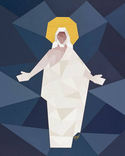 Modern, geometric painting of Jesus. HIs skin is many different shades.