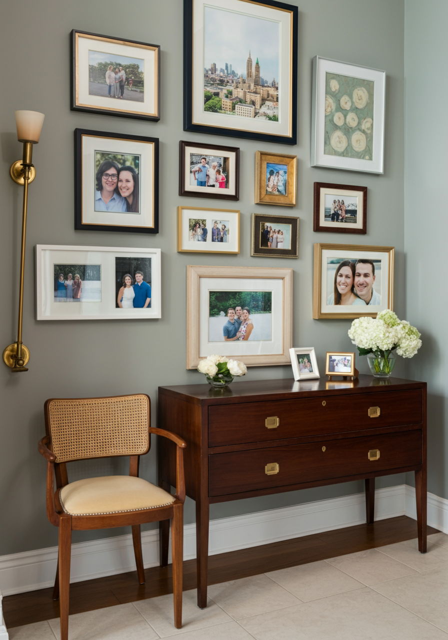 A tastefully designed memory wall in a downsized Streeterville apartment featuring framed photographs, artwork, and mementos arranged in an elegant gallery style, demonstrating how cherished memories can be preserved and displayed in a smaller space.