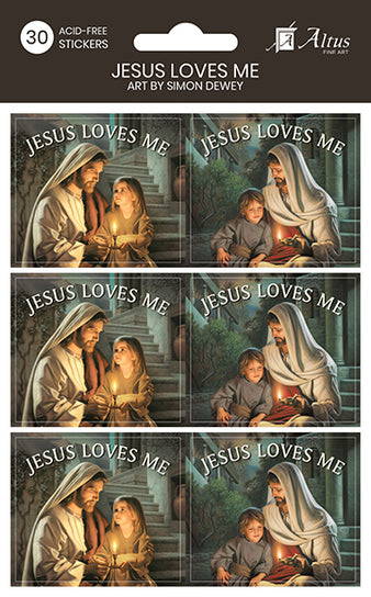 Set of primary teaching resource stickers featuring a painting of Jesus sitting with a child. The text on each sticker reads: "Jesus Loves Me". 
