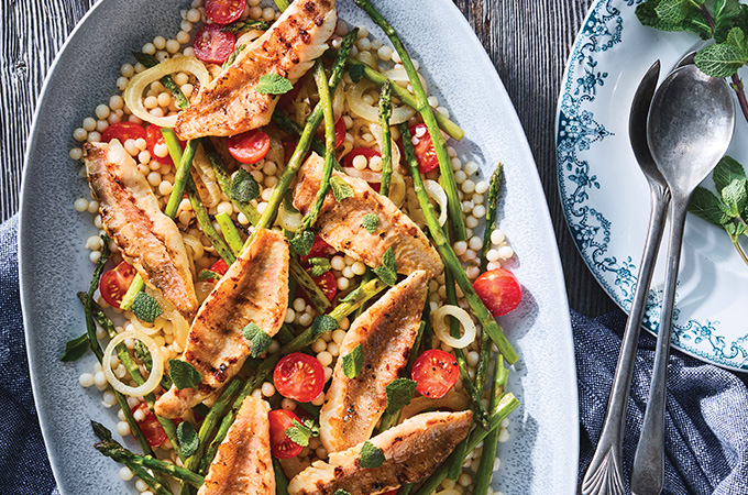 Redfish with Grilled Asparagus and Israeli Couscous Salad