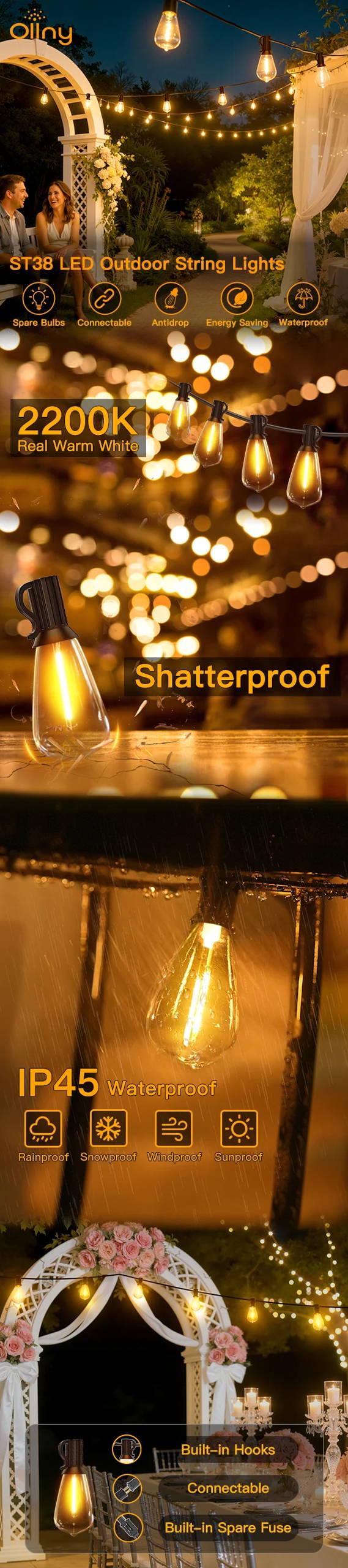 Features of Ollny's S14 outdoor string lights