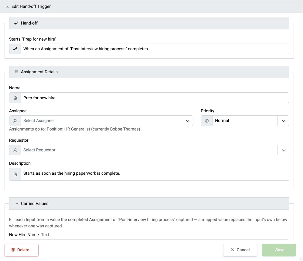 Hand-off Trigger dialog starting a Procedure when an Assignment of the preceding Procedure completes