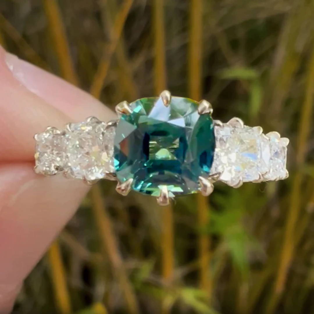Cushion Cut Teal Sapphire and Diamond Engagement Ring 