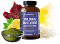 A bottle of our best vitamins for hair growth surrounded by various ingredients