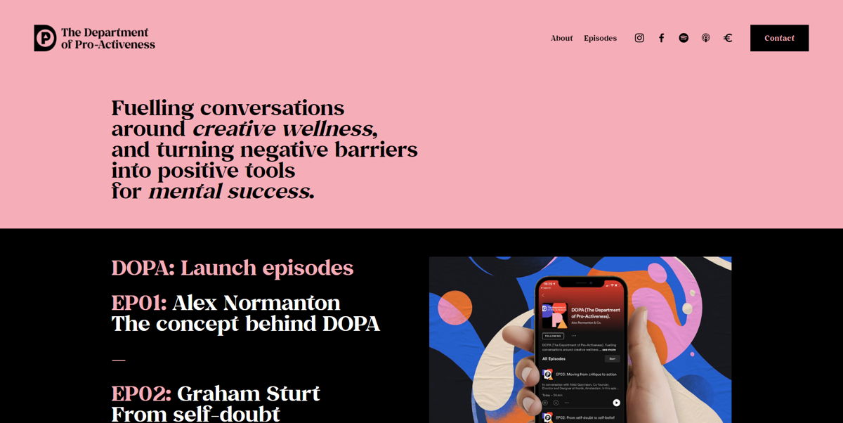 Screenshot of DOPA, from the squarespace podcast websites collection.