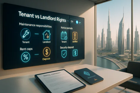 Screen displays Tenant vs Landlord Rights covering maintenance, rent caps, notice periods, deposit. A rental contract and phone are on a table with a city skyline view.