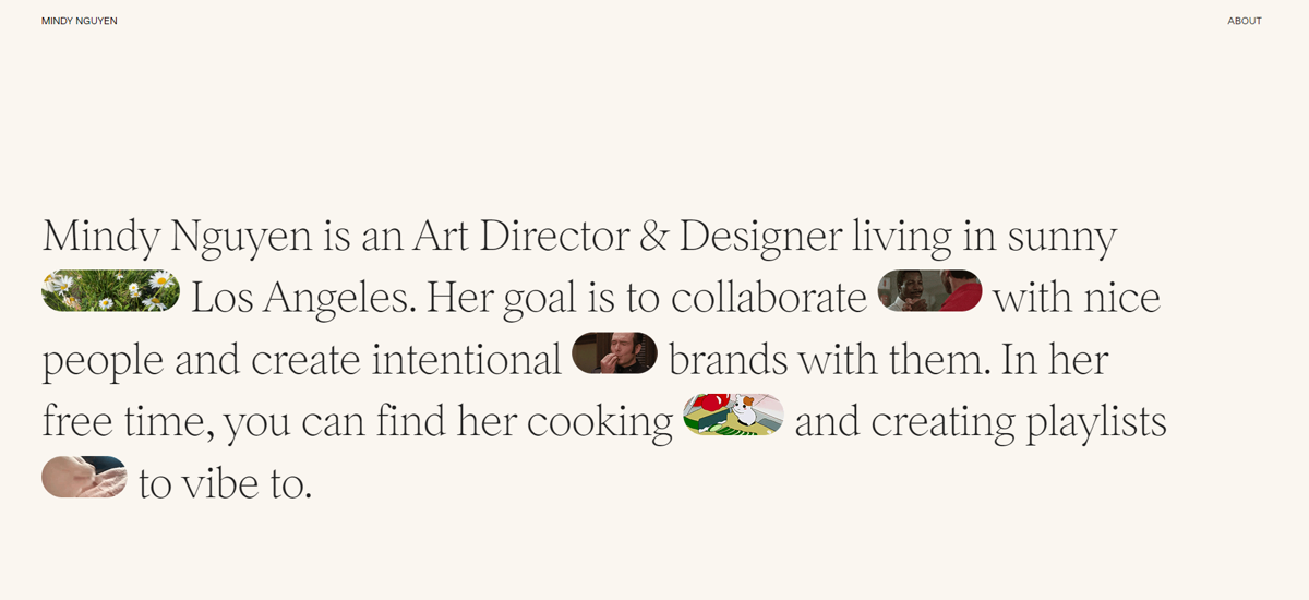 Screenshot of Mindy Nguyen, from the art director portfolios collection.