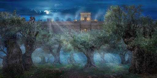 Moonlight shines over Jerusalem's wall and illuminates the olive trees in the Garden of Gethsemane.