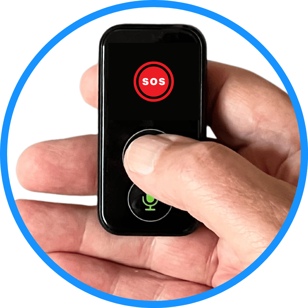 MindMe Pro SM 4G SOS GPS pendant being pressed, showing the digital screen changing to an SOS alarm icon with the text 'Press the SOS button.' Once the SOS alarm icon appears, the MindMe Pro SM personal alarm automatically activates the emergency assistance procedure, making it a reliable SOS alarm for the elderly in Australia.