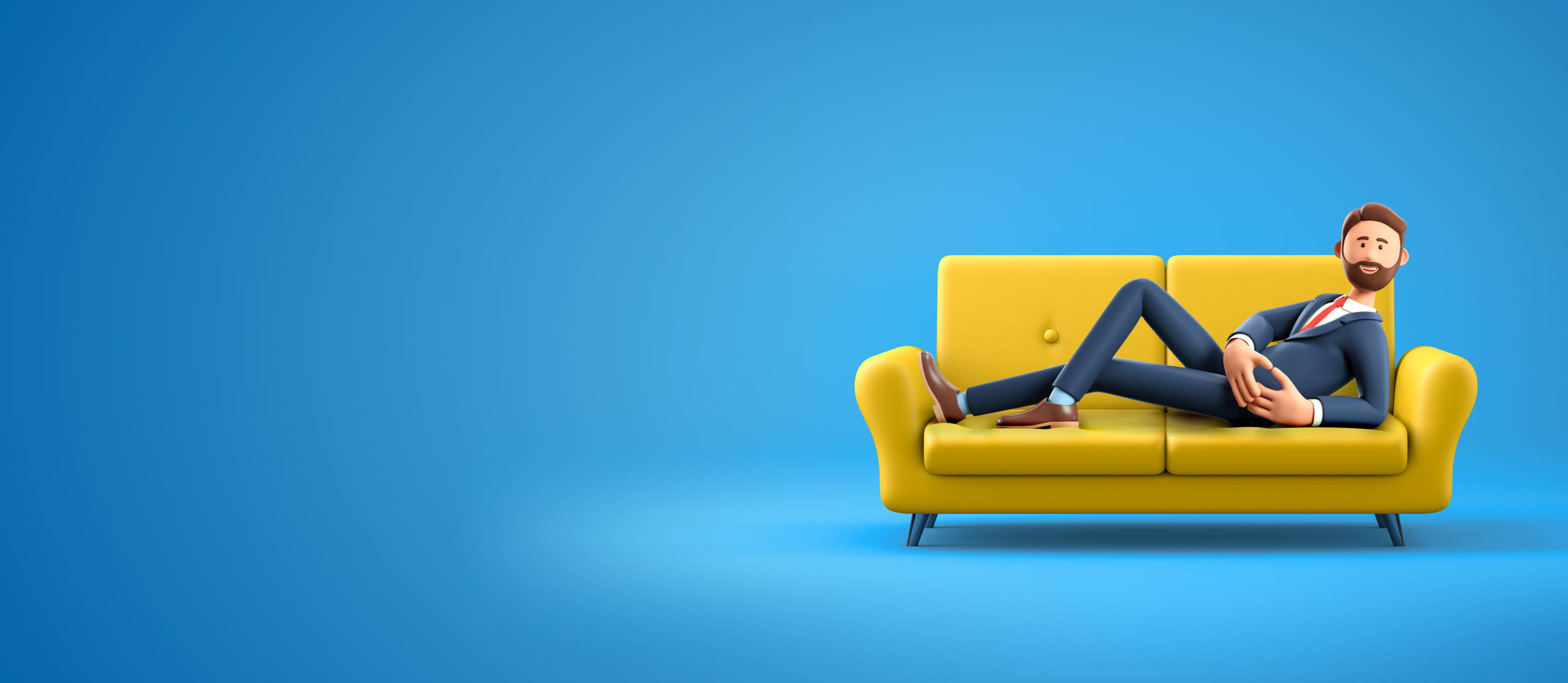 An employee in a suit laying outstretched on a couch for Confetti's Virtual Workplace Relaxation Techniques