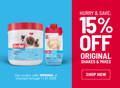 Red and blue SlimFast advertisement offering 15% off original shakes and mixes. Valid through 11/07/25 with code 