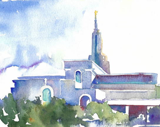 Impressionist watercolor painting of the Mount Timpanogos temple.