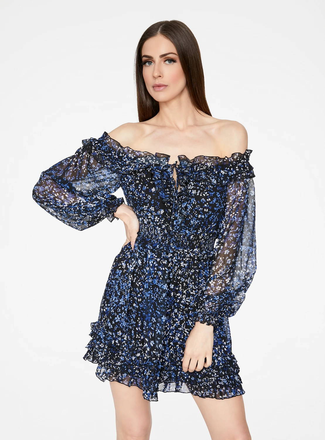 Nightsky Floral Long Sleeve Off-the-Shoulder Ruffle Dress 