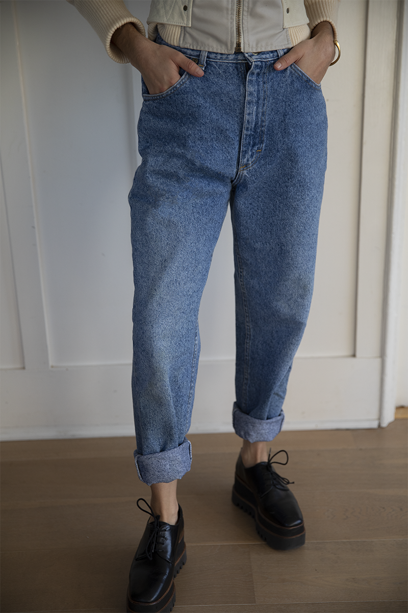 Vintage Lee Denim paired with black platform loafers