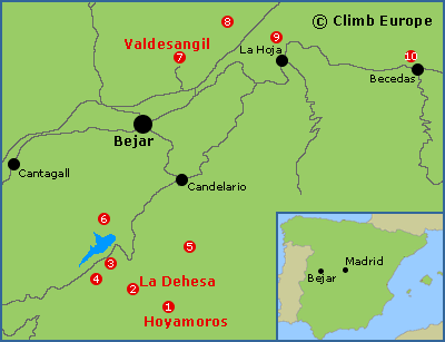 Map of the bouldering areas in the western Gredos Mountains including Hoyamoros
