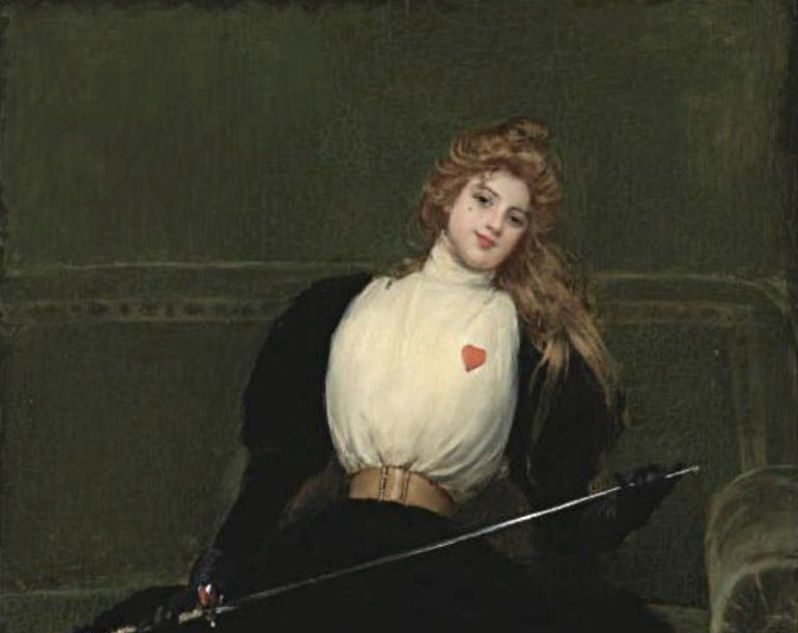 Image of a drawing of Julie D'Aubigny wielding a fencing sword and outfit, smiling and leaning back.