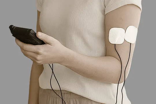 ケーブルが見える従来型の有線TENSとハンドヘルドコントローラー