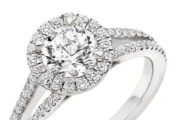 Diamond halo & split shoulders bespoke diamond engagement rings - Pobjoy Diamonds