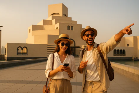 Two cheerful tourists, a man pointing and a woman on her phone, explore the stunning Museum of Islamic Art architecture at sunset.