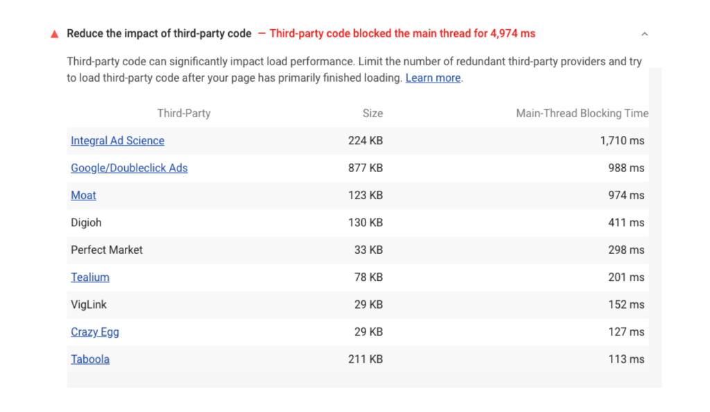 Network and Script Evaluation aspects of third-party code. A screenshot of the Lighthouse Reduce the impact of third-party code audit