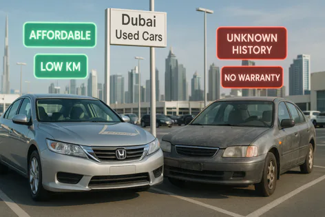 Dubai Used Cars: silver car 'Affordable, Low KM', gray car 'Unknown History, No Warranty', in parking lot with city skyline backdrop.