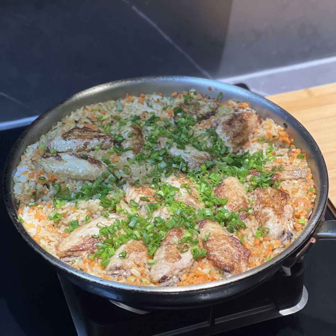One pan chicken wings and butter soy rice
