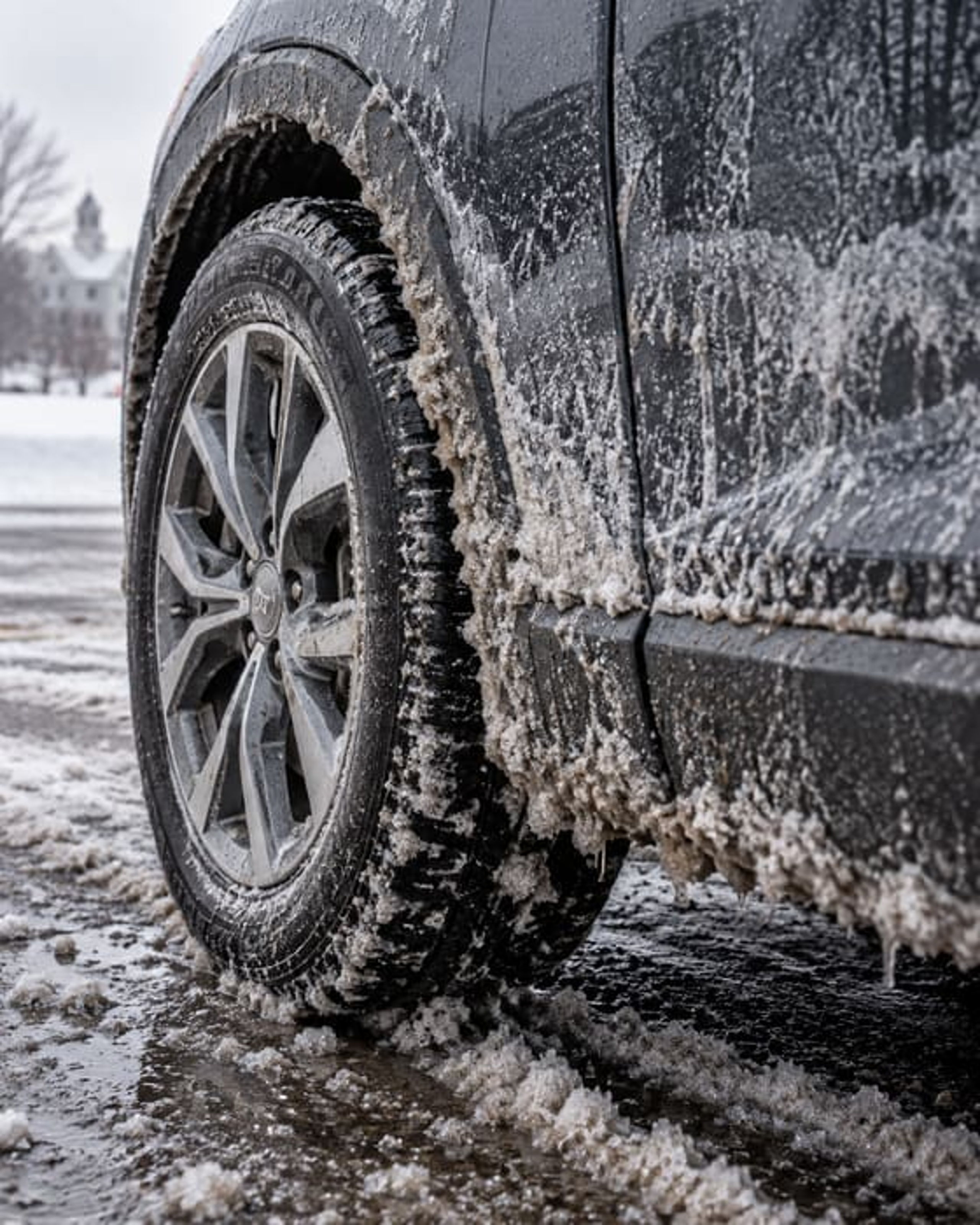 A car covered in road salt spray on a snowy highway