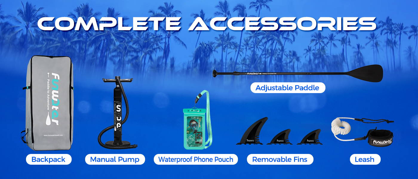 Every TIKI SUP boards package have complete accessories like: SUP board backpack, paddle board pump, waterproof phone pouch, removable fins, leash, adjustable paddle