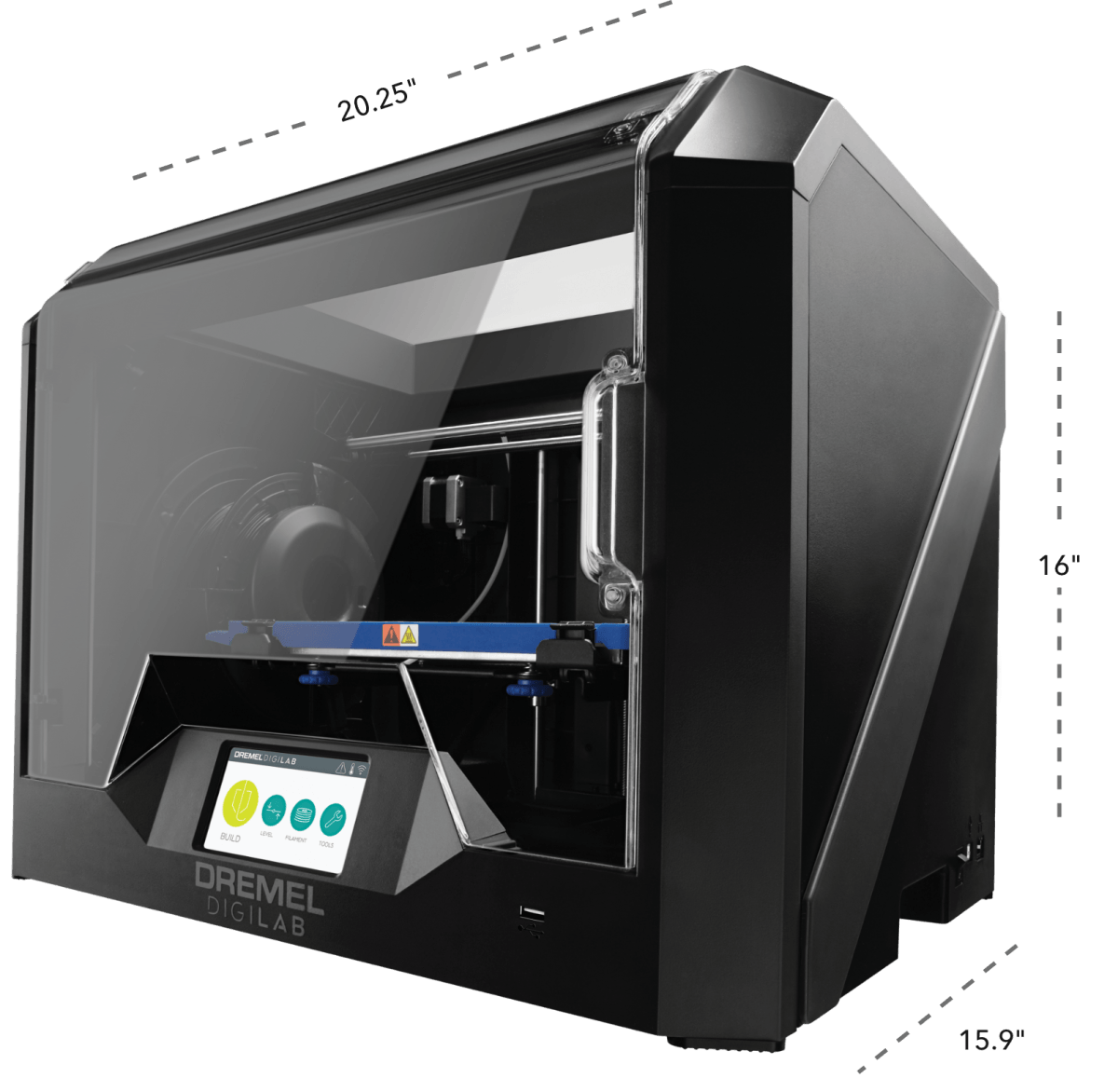 Image of 3D45 3D printer at three quarter angle with dimension in height, length and width